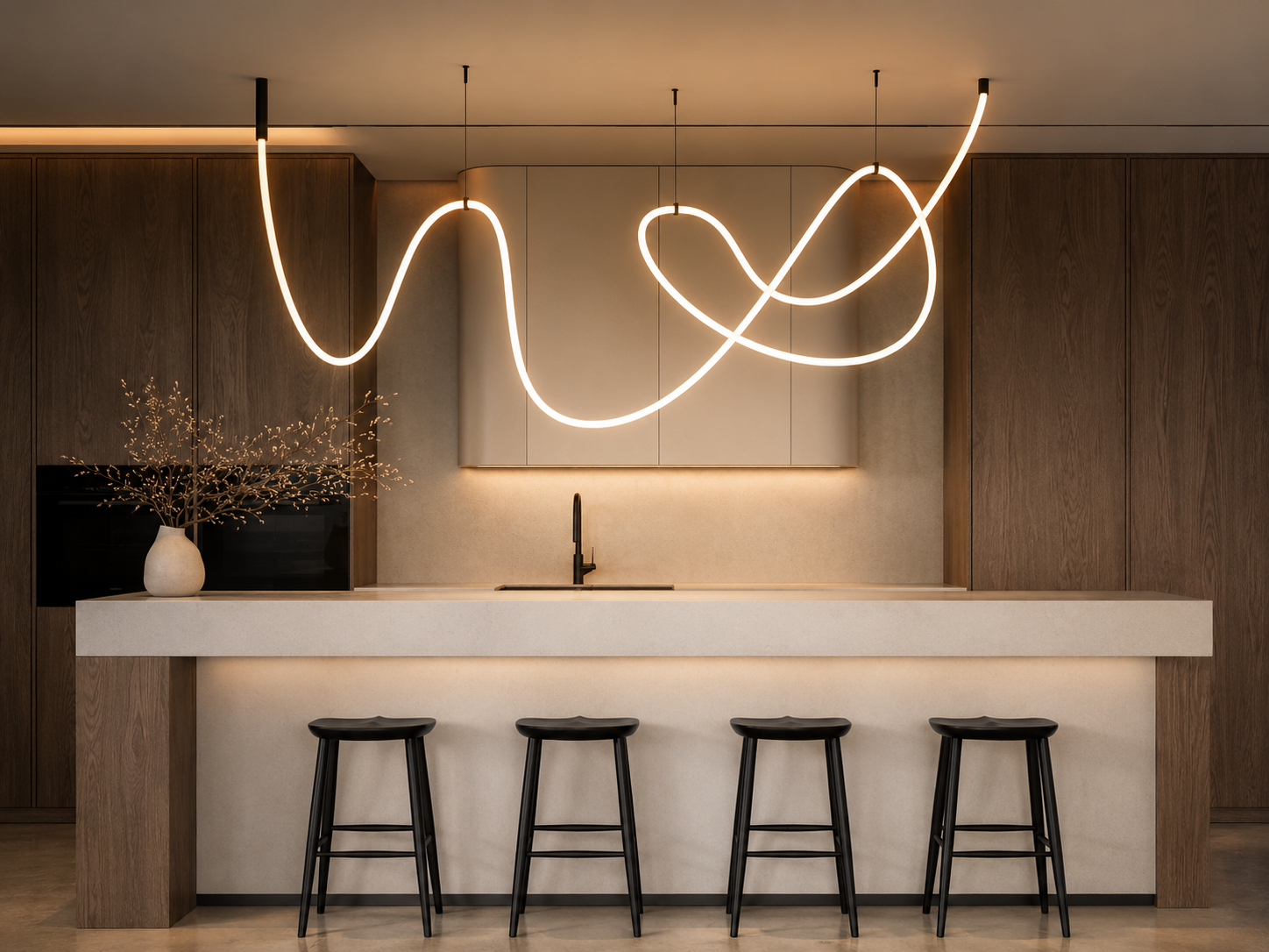 Suspension luminaire sculpturale dans une cuisine contemporaine au Maroc